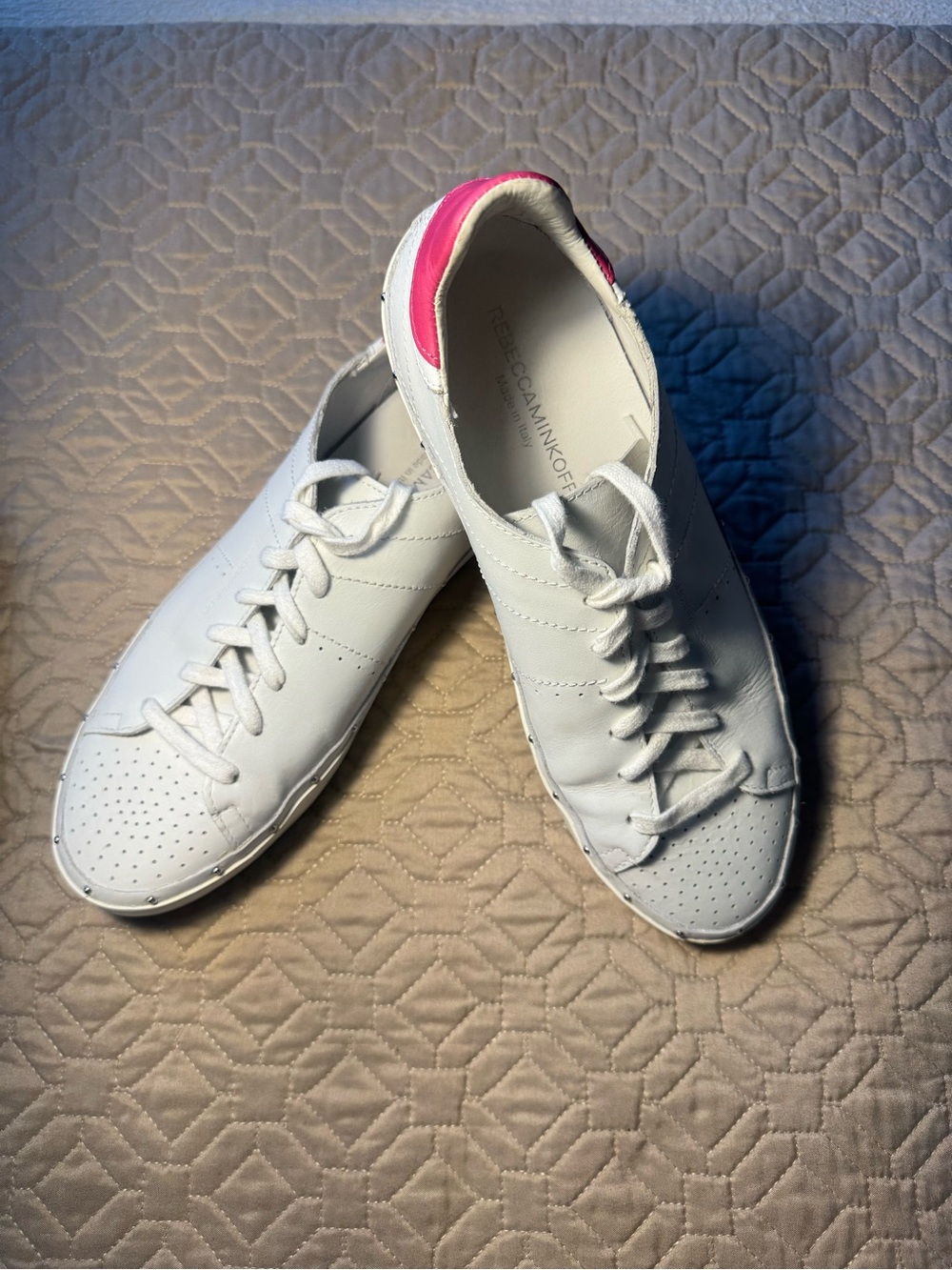 Rebecca Minkoff White Leather Sneakers with Pink Heel Tab Size 9